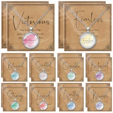 Imagem de Hinly 20 conjuntos de colares cristãos de Natal para mulheres, versículo bíblico, colar de metal, cartões, presentes religiosos para equipe, Christian necklace: 0.98 inches, liga metálica. Papel kraft