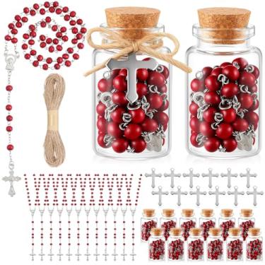 Imagem de Ferreve 12 conjuntos de mini rosário lembrancinhas de batismo para convidados com garrafa de contas vermelhas perfumadas de madeira perfumada colar de cruz pingentes de primeira comunhão presente para