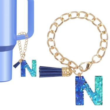 Imagem de Berloque de letras para copo Stanley, lindo pingente inicial N acessórios para chaveiro Stanley Tumbler Handle chaveiro personalizado para mulheres, azul