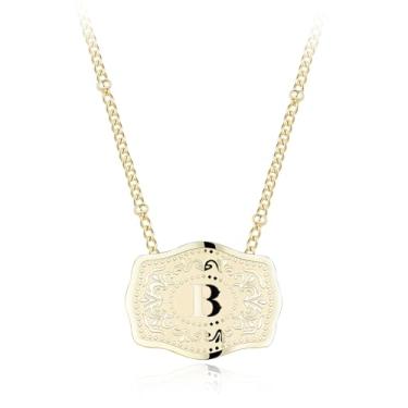 Imagem de Colar com pingente de letra inicial banhado a ouro 14K com fivela de cinto em relevo, compre 1 e ganhe 2 correntes, colar personalizado para mulheres, 18 inches +2 inches extender, Liga de aço, Sem