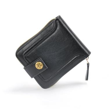 Imagem de Carteira masculina dobrável portátil com bolso com zíper e compartimento para cartão de crédito e porta-cartão com zíper, Preto, Zíper preto e curto