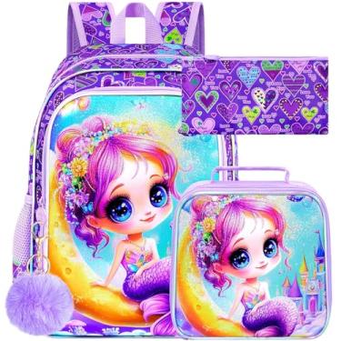 Imagem de UFNDC Conjunto de 3 peças de mochila sereia para meninas, mochila de lua brilhante de 40,6 cm com lancheira, mochila escolar resistente à água para pré-escola primária