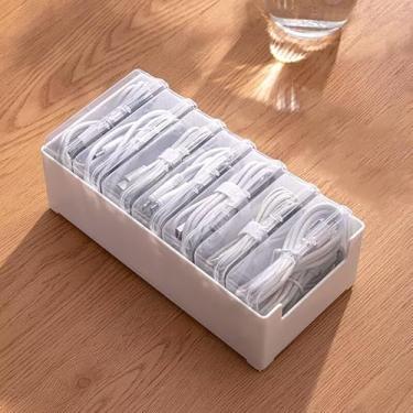 Imagem de Caixa organizadora de cabos de dados branca com 7 braçadeiras, caixa de gerenciamento de cabos de mesa para escritório, casa