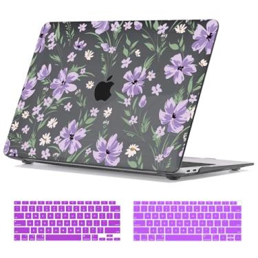 Imagem de Seanai Capa para MacBook Air de 13 polegadas 2021, 2020, 2019, 2018, A2337, M1, A2179, A1932, estampa preta de cristal, capa rígida para laptop para Mac Air M1 13.3 Touch ID, flores roxas