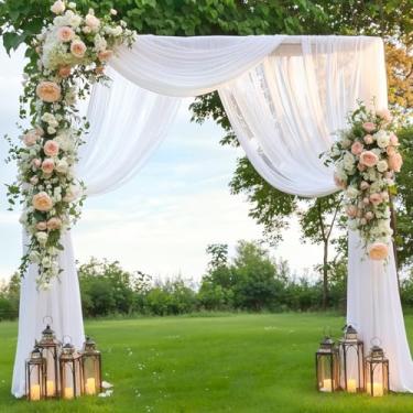 Imagem de Loopiske Tecido drapeado de arco de casamento branco 1 painel 73,7 cm x 6,5 jardas cortinas de pano de fundo transparente cortina de chiffon para cerimônia de casamento, festa de aniversário, teto