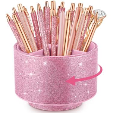 Imagem de Epakh Porta-canetas de couro sintético com glitter, copo de lápis giratório de 360 graus, feminino, meninas, luxuoso, organizador de pincéis para maquiagem, presente para mesa, escritório, sala de