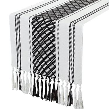 Imagem de Caminho de mesa de decoração de fazenda preto boêmio tecido, 33,78 x 182,05 extremidades de borla, algodão poliéster para console de café de jantar