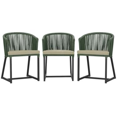 Imagem de 3 Cadeiras De Jantar Noronha Preta Corda Náutica E7 Trama Verde