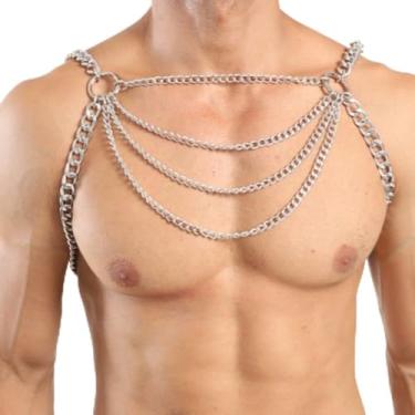 Imagem de Peitoral masculino sexy – Cinto peitoral de metal prateado ajustável com anéis em O – Joias Punk Festival Rave para homens, fantasia de clube, roupa de festa exótica e cintos de couro (dourado)