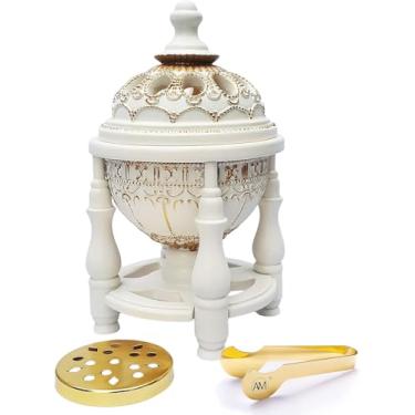 Imagem de AM Queimador de incenso a carvão - Queimador Bakhoor, queimador de resina olíbano Oud para decoração de escritório e casa - Lavish 4 pilares (4 pilares brancos)