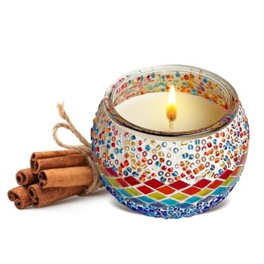 Imagem de Vela perfumada de vidro médio para mosaico, madeira de ágar feita à mão e cera de soja de tabaco para mulheres e homens, decoração de casa, ideia de presente, tempo de queima de 36 horas