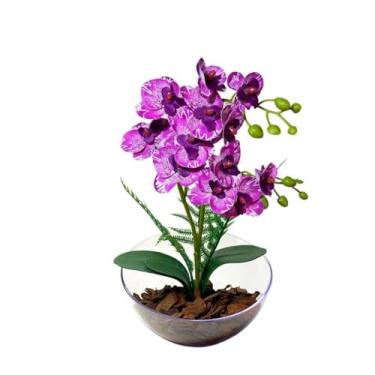 Imagem de Planta Artificial – Arranjo de Orquídeas Real Toque em Vaso Lua para Decoração de Casa e Escritório(Roxa Rajada)