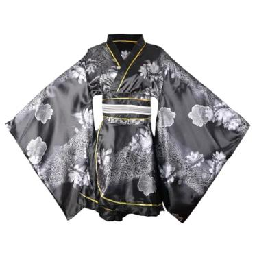 Imagem de Women's Sexy Short Kimono Costume Adult Japanese Geisha Prints Gown Halloween Party Fancy Dress with Belt (90# Black)