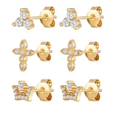 Imagem de Gemsme Conjunto de 3 pares de brincos pequenos de ouro para mulheres/homens, banhados a ouro 18 K, hipoalergênicos, delicados, zircônia cúbica para presente de joias, Latão, Zircônia cúbica