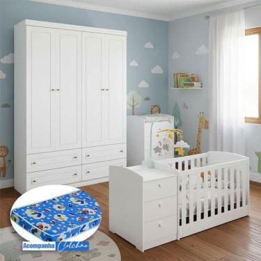 Imagem de Berço Multifuncional Atlanta E Guarda Roupa Americano 4 Portas Henn Ambiente Branco Fosco Com Colchão Ortobom - Reller