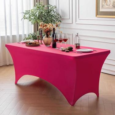Imagem de FOLINS&HOME Toalha de mesa retangular fúcsia de 1,8 m com elástico, resistente à água, lavável e lavável para mesas de 1,8 m, toalha de mesa elástica para casamentos, banquetes, festas