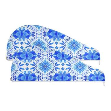 Imagem de SEHANY Toalha de cabelo de microfibra vintage azul boêmio para mulheres, 2 peças, turbantes de cabelo de secagem rápida com botão, touca de cabelo seco absorvente toalha de secagem de cabelo para