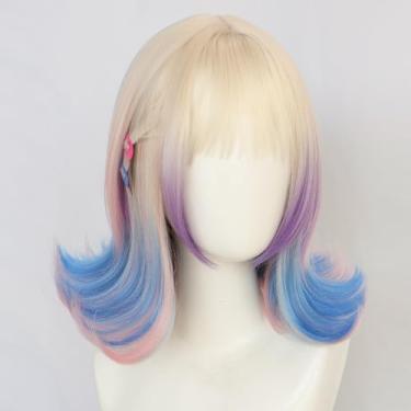 Imagem de YYUISD Peruca curta e encaracolada com franja colorida loira, azul, rosa e roxa para mulheres ideal para festas de Halloween e cosplay.