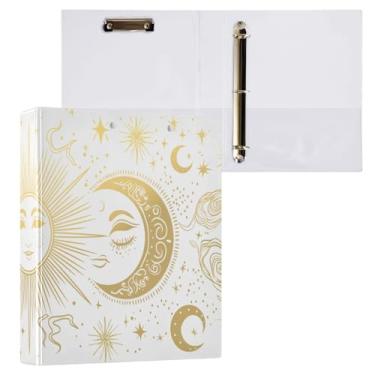 Imagem de Blueangle Fichário com 3 anéis de sol e lua dourados com prancheta e 2 bolsos - Organizador de documentos decorativos de 3 cm para escritório, suprimentos para reuniões (369)