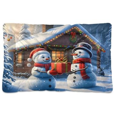 Imagem de SEHANY Cama de Natal com flocos de neve, boneco de neve, para cães, gatos, com fundo antiderrapante, caixa de canil, colchão macio, lavável, para cães pequenos, médios e grandes, gatos, 91 x 61 cm