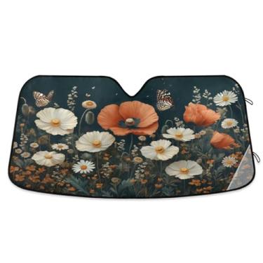 Imagem de ATTX Para-brisa de carro floral vermelho 144.8 cm x 80.0 cm Escudo solar universal com proteção UV, persiana de janela frontal automática dobrável para caminhões Sedans SUVs #45