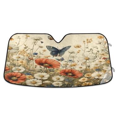 Imagem de ATTX Para-brisa de carro de flores silvestres e borboletas 144.8 cm x 80.0 cm Protetor solar universal com proteção UV, persiana de janela frontal automática dobrável para caminhões Sedans SUVs #468