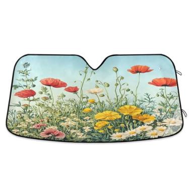 Imagem de ATTX Wildflowers para-sol para para-brisas de carro 139.7 cm x 70.1 cm Protetor solar universal com proteção UV, persiana de janela frontal automática dobrável para caminhões Sedans SUVs #264