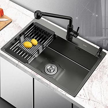 Imagem de HGTRH Pia de cozinha Retangular, Pia Embutida Aço inoxidável, Pia de Aço Inoxidável Preto Dispensador de Sabão Sifão Conjunto de Sobreposto e de Drenagem para Montagem na Superfície