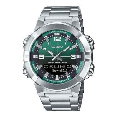 Imagem de Casio AMW870DA-3AV Relógio masculino de aço inoxidável, mostrador verde, analógico, digital, fuso horário duplo