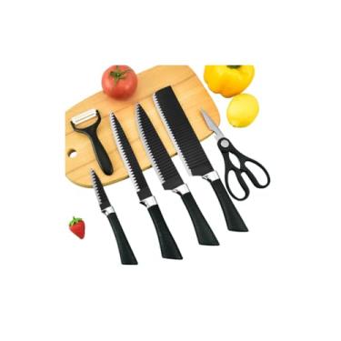 Imagem de Conjunto Jogo de Facas Inox 6 Peças com Descascador e Tesoura – Lâminas Afiadas, Revestimento Antiaderente, Cabo Ergonômico, Ideal para Cozinha, Cortes Precisos e Preparos Diários