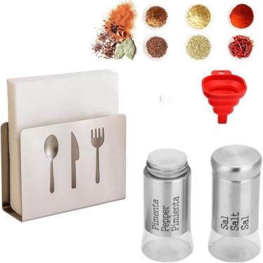 Imagem de Kit de Mesa Premium com Saleiro e Pimenteiro e Porta Guardanapo Inox Funil Retrátil de Silicone Organização e Estilo para sua Cozinha (Prata)
