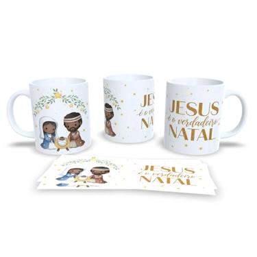 Imagem de Caneca Natalina com Presépio, Jesus O Verdadeiro Sentido do Natal, Cerâmica Branca, Decoração Religiosa com Arte Dourada, 325ml (23175)