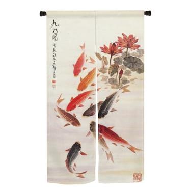 Imagem de Leowefowa Cortina de porta com pintura a tinta chinesa, carpas, peixes koi, japonês, noren, traga boa sorte, tapeçaria para divisória de quarto, divisória de cozinha, decoração de porta de banheiro