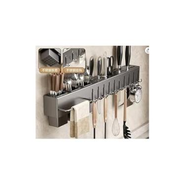 Imagem de Suporte Organizador para Utensílios de Cozinha, Aço Inox, 10 Ganchos, Cinza, 59,5x5,3x6,5 cm, Multifuncional, com Barra Lateral