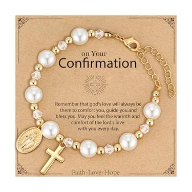 Imagem de Fervia Presentes Católicos Virgem Maria Cruz Rosário Pulseira de Pérola para Mulheres Confirmação Primeira Comunhão Batismo Joias Religiosas Cristãs Presente, Adjustable, Pérola