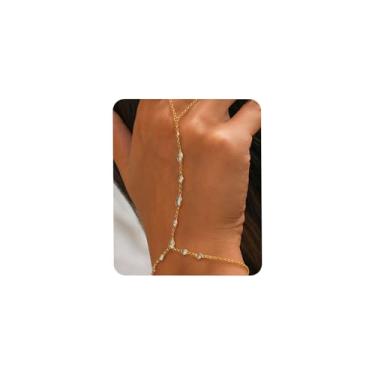 Imagem de Aswinfon Pulseira de corrente de mão para mulheres, banhado a ouro 18K, borboleta delicada, flores de zircão, cruz, anel de trevo de quatro folhas, corrente de mão para dama de honra, presente de