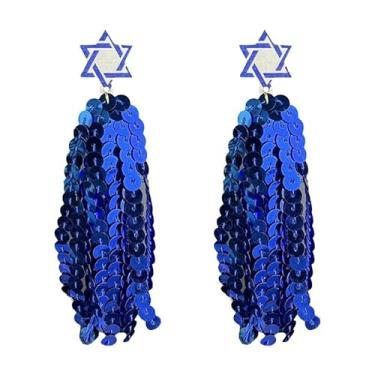 Imagem de Brincos pendentes de Hanukkah com lantejoulas brilhantes com franjas de Hanukkah Chanucá Amarelo Prata Branco Azul Lantejoulas Borlas Brinco de Chanucá Judaico Chanucá, Acrílico, Sem pedra preciosa