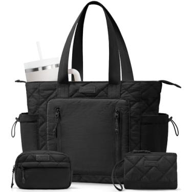 Imagem de Sacola acolchoada para mulheres, bolsa de mão leve e inchada para laptop, professora, enfermeira, ombro, escola, viagem, academia, Preto, One Size