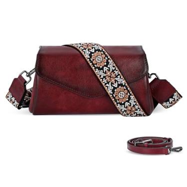 Imagem de HESHE Bolsas transversais de couro para mulheres, bolsas de ombro, bolsas leves e funcionais com 2 alças ajustáveis, Vinho, Small