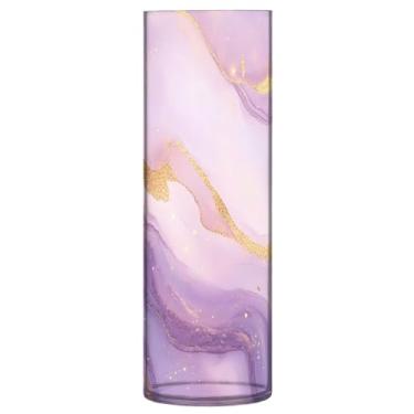 Imagem de CEBUGI Vaso de flores com fundo de mármore lavanda 10 x 30 cm, vaso cilíndrico para flores, vaso transparente inquebrável para decoração de casa de festa de casamento