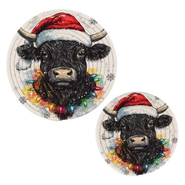 Imagem de Wassud Conjunto de trivet de vaca Highland de Natal para pratos quentes, suportes redondos de algodão, almofadas quentes, porta-copos elegantes, decoração de cozinha e acessórios, 2 peças