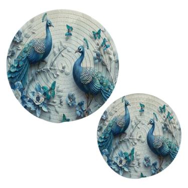 Imagem de Wassud Conjunto de tripé de pavão azul para pratos quentes, suportes de panela redondos, almofadas quentes de algodão, porta-copos elegantes, decoração de cozinha e acessórios, 2 peças