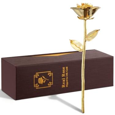 Imagem de Rosa preservada mergulhada em ouro 24 K – Rosa artesanal com revestimento de ouro 24K genuíno, caixa de presente de luxo incluída – Lembrança romântica para esposa, mãe, namorada no aniversário, dia