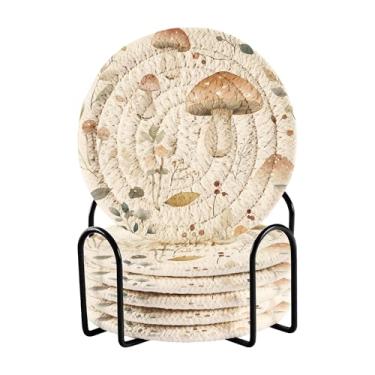 Imagem de SEHANY Conjunto de 6 porta-copos de cogumelos florestais com suporte, porta-copos redondos absorventes de algodão resistente ao calor para mesa de jantar, canecas de café, 10 cm