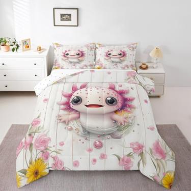Imagem de Lindo jogo de cama casal com estampa de axolote, animal anfíbio do mar náutico, tritão, estampa de girassol rosa, para crianças, meninas, meninos, vintage, decoração de quarto rosa