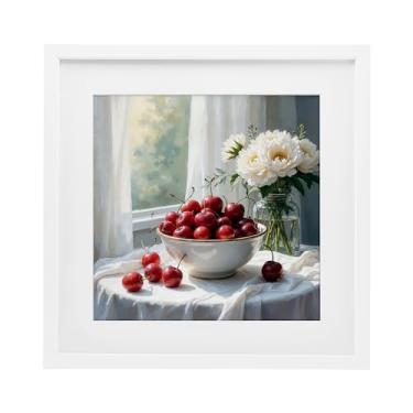 Imagem de Stupell Industries Impressão emoldurada branca de cerejas e flores natureza morta sob vidro, design por Lettered and Lined, 13 x 13