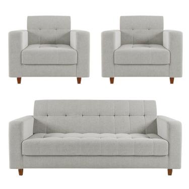 Imagem de Sofá 2 Lugares E 2 Poltronas Pé Madeira Castanho Arezo Linho D01 - D`rossi A05 Cinza