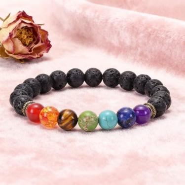 Imagem de Pulseiras elásticas com contas para mulheres 7 chacras pulseira de pedra vulcânica preta para crescimento espiritual joia presente perfeito para riqueza, One Size, Pedra, Sem Pedra Preciosa