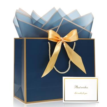 Imagem de KeerxunBag Conjunto de presente tudo-em-um: elegante bolsa de presente azul com alças de fita, cartão de felicitações e papel de seda - perfeito para aniversário, casamento, dia das mães 12,6 x 4,3 x