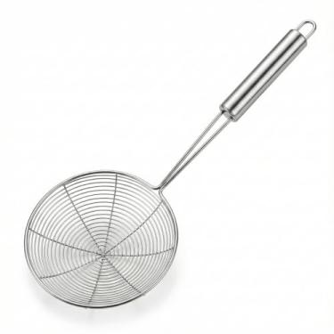 Imagem de Escumadeira Aramada Profissional para Fritura em Aço Inox, Peneira Circular com Cabo, 36,5 cm x 14,5 cm